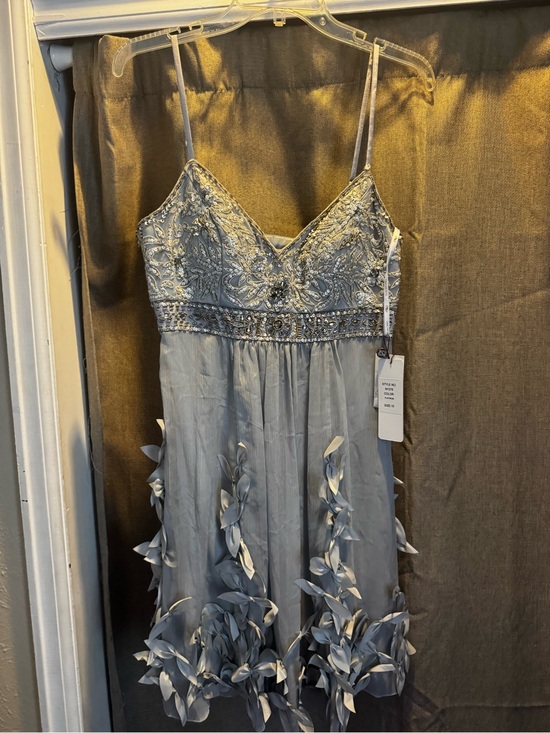 Sue Wong Dresses & Skirts - Sue Wong Silver-Gray Embellished Midi Dress with Floral Appliqué